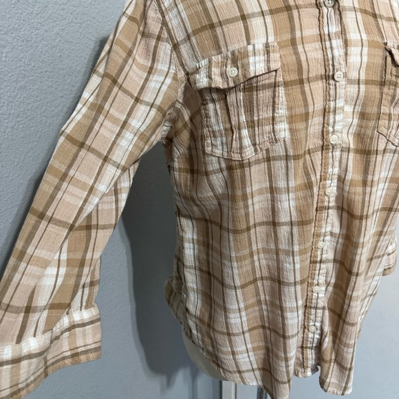 St. John's Bay Women Beige Plaid Collared 3/4 Sleeve Button Down Shirt Shirt L - Picture 3 of 13